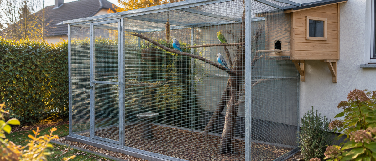 Voliere mit Schutzhaus im Garten: begehbare Gittervoliere mit angebautem, gedämmtem Holzschutzraum und Ausflugöffnung