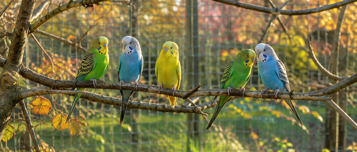 Wellensittiche draußen halten: bunte Wellensittiche auf Naturästen in einer Außenvoliere im Herbst