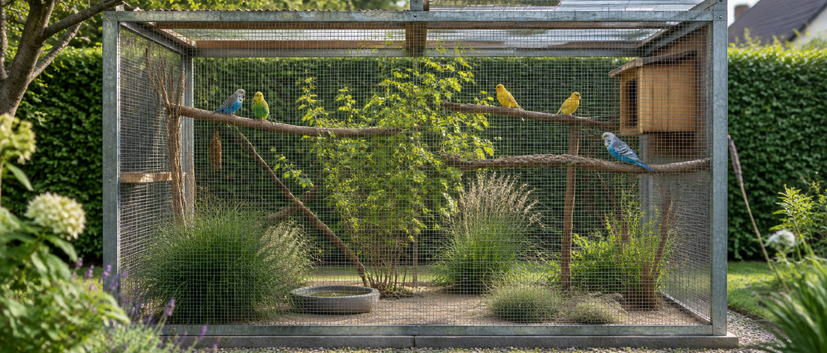 Volierenhaltung: bepflanzte Außenvoliere mit Naturästen, Sandboden, Wasserbad und angebautem Schutzhaus im Garten