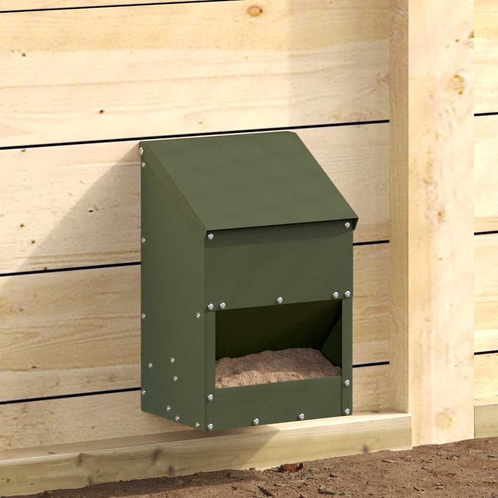 Futterspender Hühner 3 kg – 21 x 16 x 33 cm, Stahl – Olivgrün